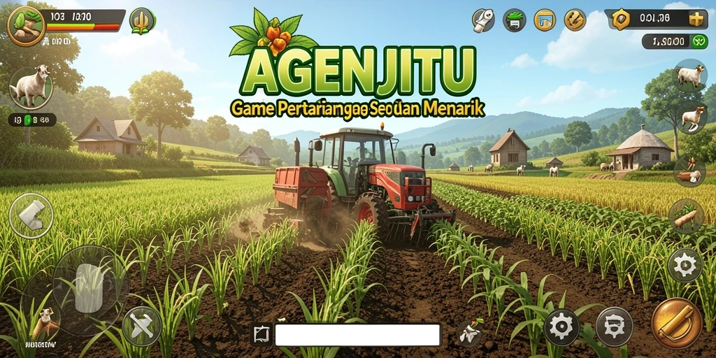 Tampilan gameplay AGENJITU yang menampilkan ladang subur dan hasil panen melimpah.