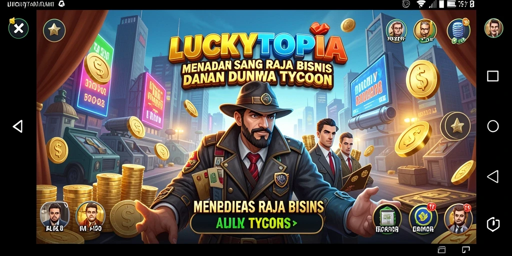 Tampilan gameplay menarik dari LUCKYTOPIA yang penuh strategi bisnis.