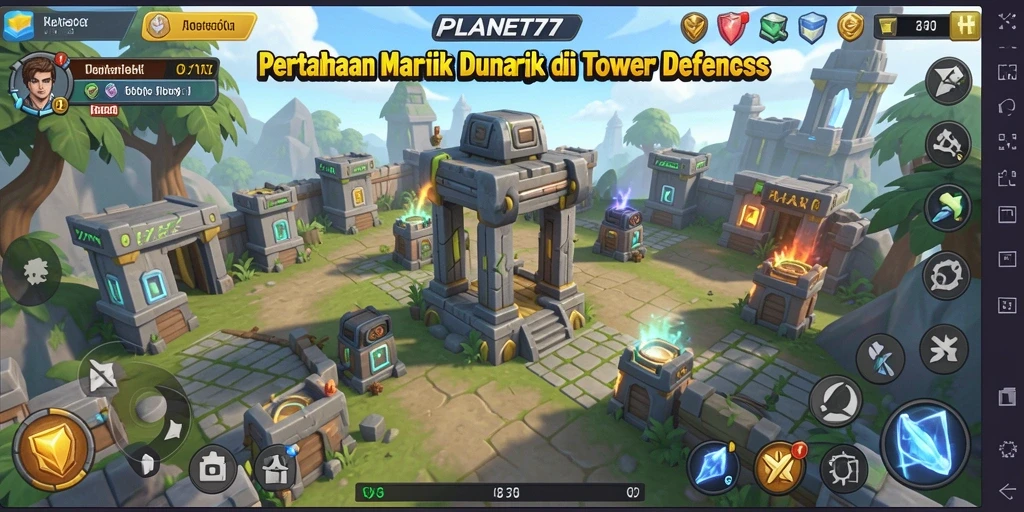 Tampilan gameplay menawan dari <strong>PLANET77</strong> menampilkan strategi menara bertahan yang menantang.