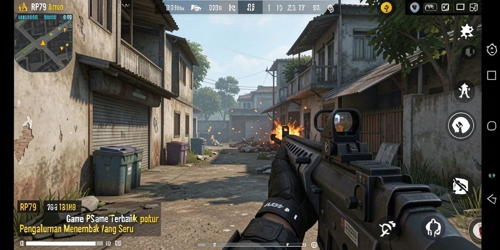Tampilan gameplay RP79 dengan aksi menembak yang intens.